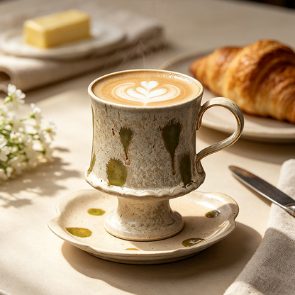 Rustic Stoneware High-Foot Coffee Cup & Saucer Set