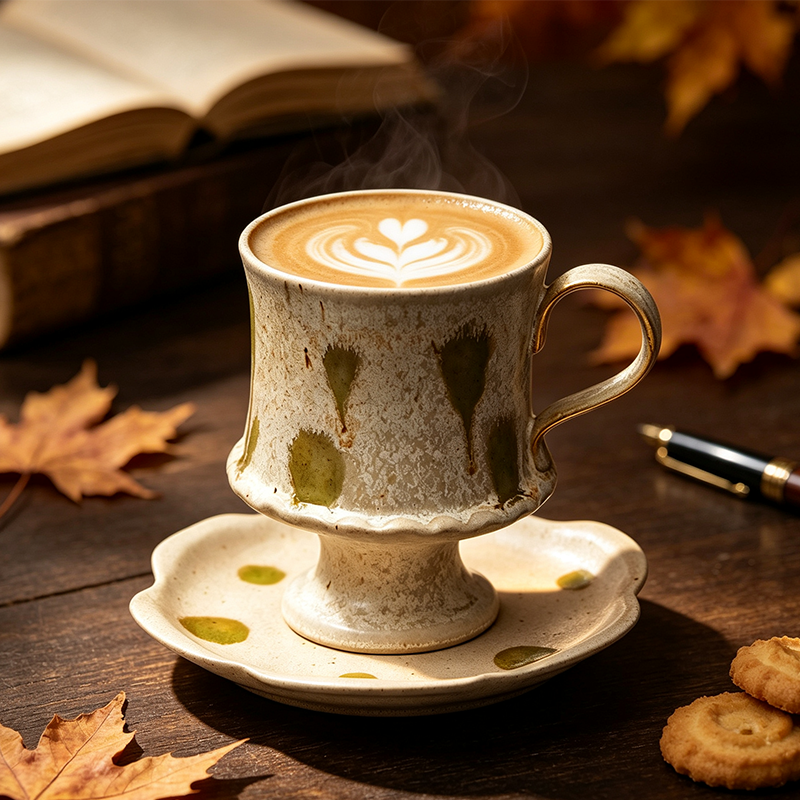 Rustic Stoneware High-Foot Coffee Cup & Saucer Set