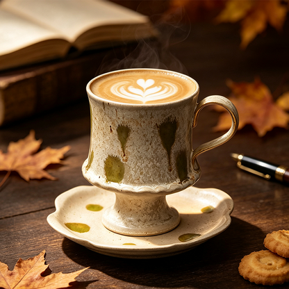 Rustic Stoneware High-Foot Coffee Cup & Saucer Set