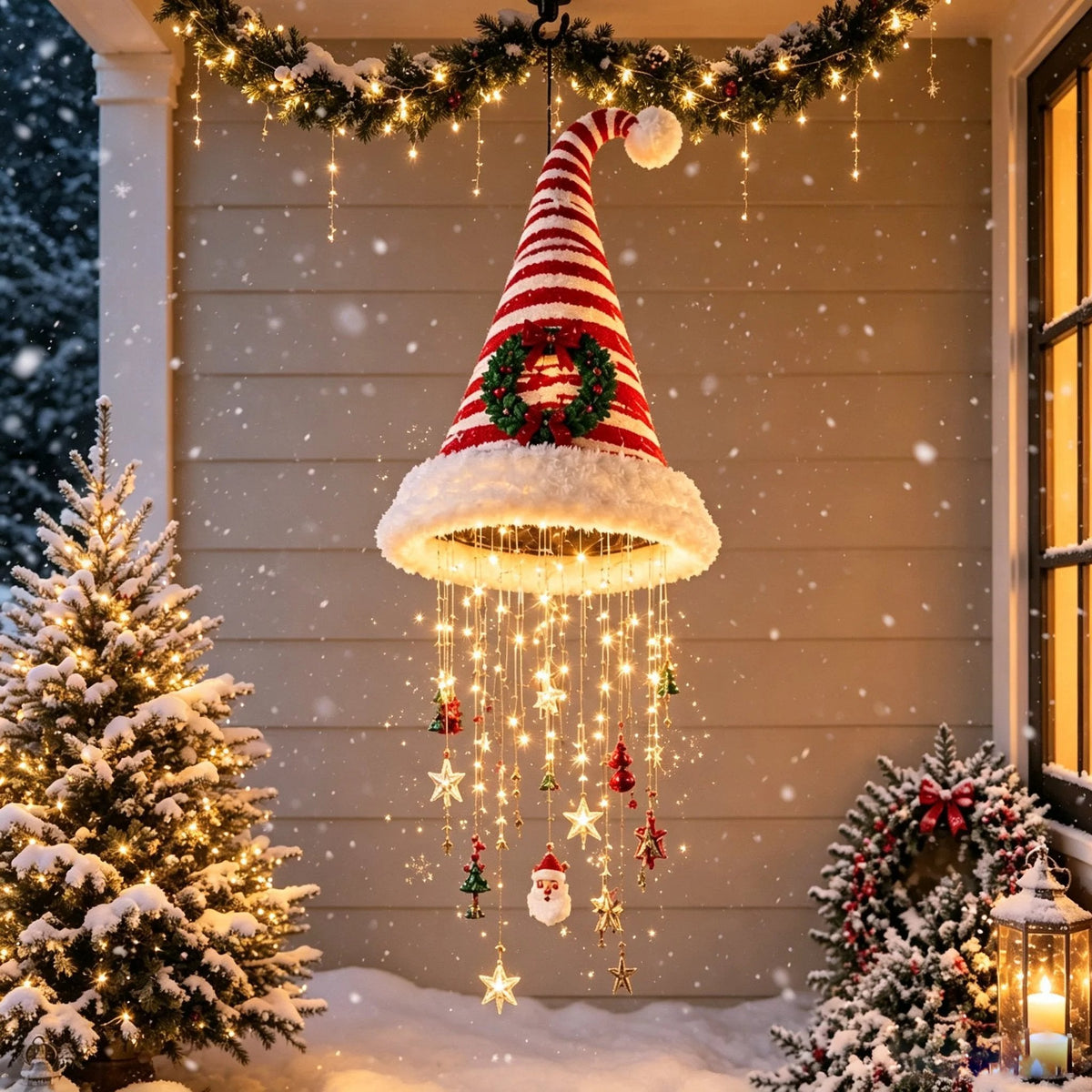 🎅✨Light‐Up Santa Hat Hanging Chandelier Decoration